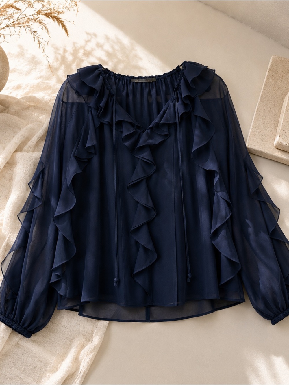 Kobi Halperin Navy Ruffle V-Neck Blouse - Picture 5 of 7